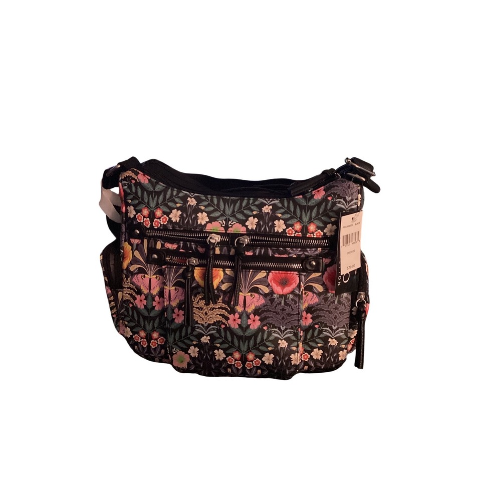 Bueno Collection Floral Butterfly Crossbody Bag Black Multi Pocket